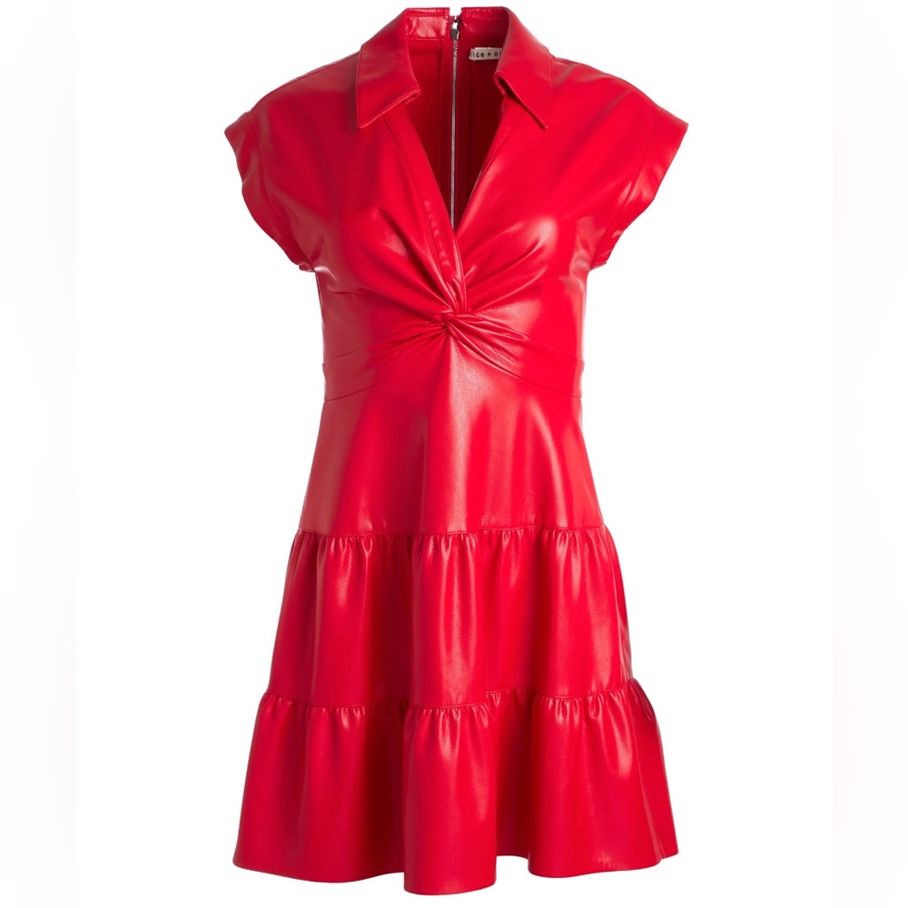 ALICE + OLIVIA Mila red Vegan Leather Deep V Twist-Front Mini Dress 10 - Picture 4 of 16